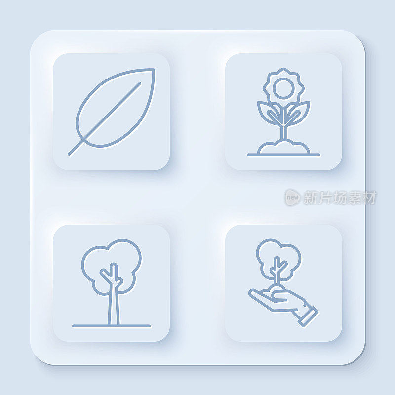 Set line Leaf, Flower, Tree and Tree in hand of environmental protection. White square button. Vector